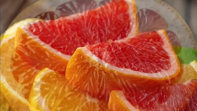 A vibrant close-up composition showcases an inviting arrangement of freshly sliced citrus fruits, featuring luminous red, sunny yellow, and lush green segments. The intricate textures of the fruit fle