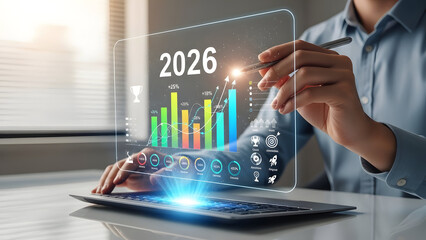 Businessperson analyzing 2026 market trends on virtual screen