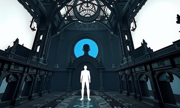 Mysterious human silhouette standing inside a futuristic cathedral, symbolizing spirituality, science fiction, and existential exploration.