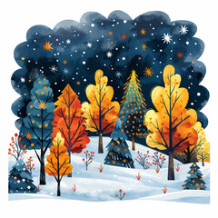 Whimsical Winter Forest Vector Illustration with Snow and Stars