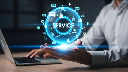 Businessman presenting modern service concept with glowing icons