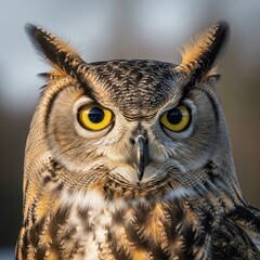 Obraz premium Close-up portrait of a sharp-eyed owl with intense gaze and intricate feather patterns.