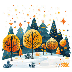 Winter Landscape Vector Illustration of Snowy Christmas Trees and Orange Foliage