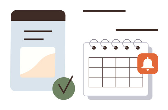 Calendar with spiral binding, reminder bell icon, data card, and green checkmark for task tracking. Ideal for productivity, planning, workflow, organization, time management schedules success - Powered by Adobe
