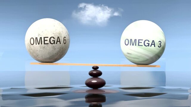 Omega 6 and omega 3 in balance - balancing stones on a scale symbolizing harmony, equity and equilibrium between omega 6 and omega 3. Harmonious and beneficial situation.