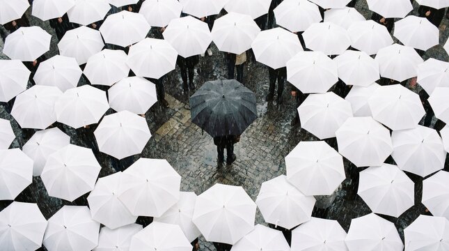 A lone black umbrella stands amidst a sea of white umbrellas on a rainy day viewed from above