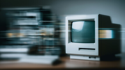 A vintage computer in a state-of-the-art technological advancement and computing capabilities. This retro computer showcases the technology of the past. 