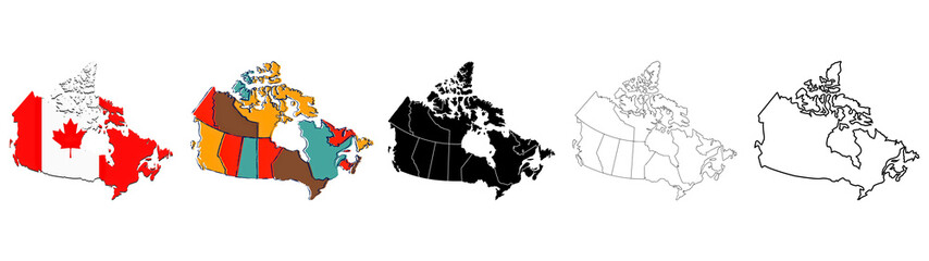 Canadian Map Silhouette. Canadian provinces and territories map with flag