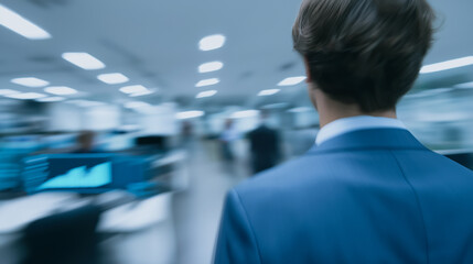 A modern business professional strides purposefully through the contemporary office setting. Focus on the confident stride with the bright lighting.