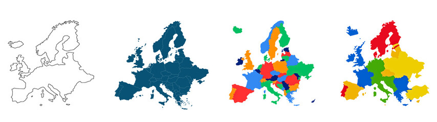 European country maps Silhouette in various colorful styles