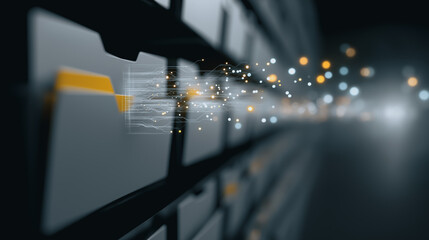 Digital File Management: Capturing the essence of organized data flow, this image showcases a futuristic digital data storage with open file drawers, symbolizing accessibility, security.