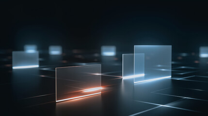Abstract digital display of luminous glass panels, the cool light dances across the network of interconnectivity. The image evokes a sense of futuristic technology and innovation.