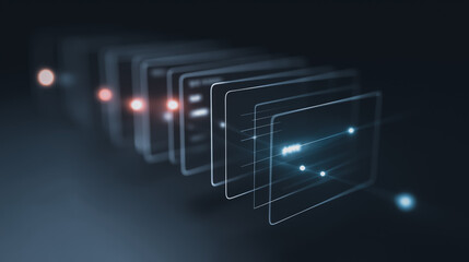 Abstract digital layers, representing data visualization and information processing, glow with an ethereal luminescence against a dark backdrop, creating a sense of technological advancement.