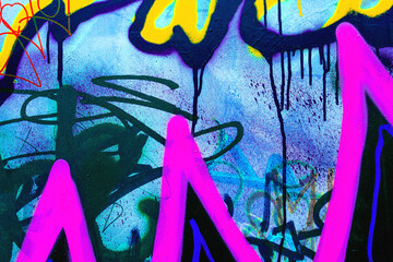 Colorful urban graffiti - neon pink, yellow, blue, black spray paint, dripping effect. Modern 2000s, Y2K style, street texture. Posters, flyers, digital art, creative banner, urban visuals.