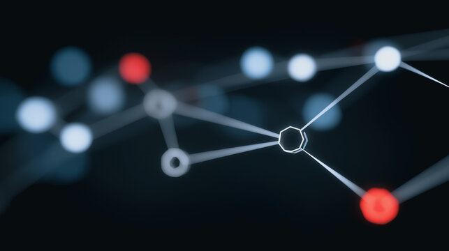 An abstract representation of a complex network is illuminated by a series of interconnected nodes, the design symbolizing the intricate web of modern technology, data, and information. - Powered by Adobe