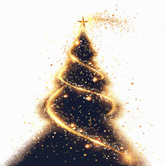 Golden Christmas Tree Vector with Sparkling Light Particles and Twinkling Star