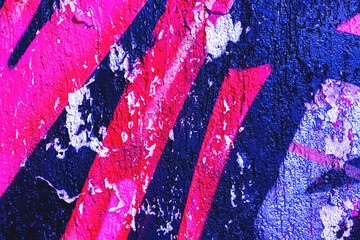Abstract graffiti texture in neon pink, blue, purple, distressed cracked paint effect. Y2K, 2000s urban style, fluorescent glow, acid vibe. Background, texture, pattern, digital art, creative banner