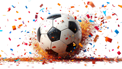 Confetti exploding around a soccer ball, isolated on transparent background, match celebration moment