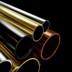 Metallic tubes gold, silver, copper sheen. Black background