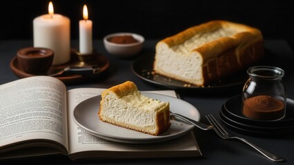 Slice of creamy cheesecake served on a plate next to an open book, illuminated by candlelight in a dark, moody setting