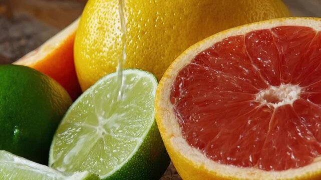 A vibrant, close-up macro shot showcases a fresh assortment of colorful citrus fruits, including a halved pink grapefruit, a whole bright yellow lemon, a whole green lime, and sliced lime segments. Ea