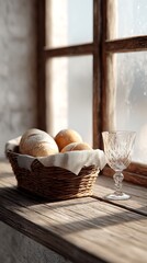 Wooden window sill with bread basket and juice glass