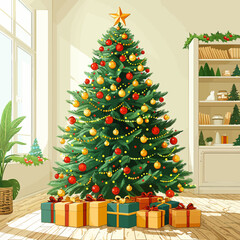 Decorated Christmas Tree with Presents Vector Illustration