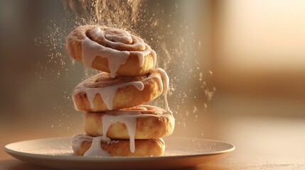 Cinnamon rolls stacked and flying apart with icing splashes and cinnamon dust in warm morning light.
