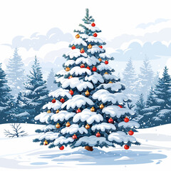 Vector Christmas Tree with Ornaments in Snowy Forest - Festive Holiday Scene