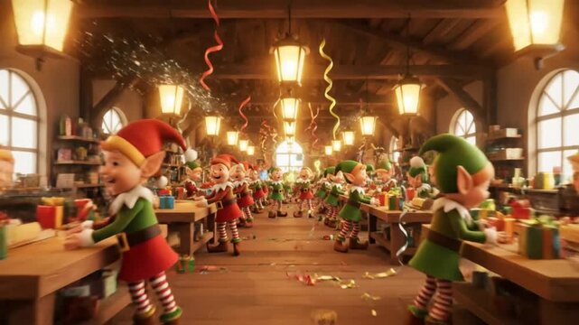 3D Animated Christmas Elves in a Bustling Workshop, Joyfully Wrapping Presents and Celebrating with Confetti and Streamers Under Warm, Glowing Lights