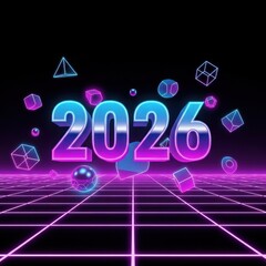 Vibrant Neon 2026 Futuristic Grid Scene in Retro Style.