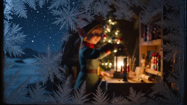 View Through a Frosty Window into a Cozy Christmas Workshop, Where an Elf is Busy Crafting with a Lit Lantern and a Decorated Tree in the Background