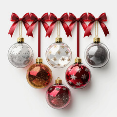 Vector Christmas Ornaments with Red Ribbons and Bows on White Background