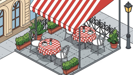 Outdoor Cafe with Red Striped Awning.