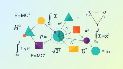 Colorful Science and Mathematics Illustration Featuring Diagrams, Shapes, and Equations.