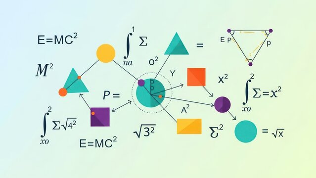 Colorful Science and Mathematics Illustration Featuring Diagrams, Shapes, and Equations. - Powered by Adobe