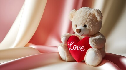 A fluffy cream teddy bear sitting with a red heart pillow on a pink background