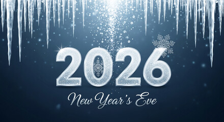 Icy icicles hang above sparkling digits "2026". It celebrates New Year's Eve. Symbolism - fresh start, hope, winter season's festive atmosphere