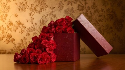 A luxurious red gift box overflowing with vibrant red roses on a warm background