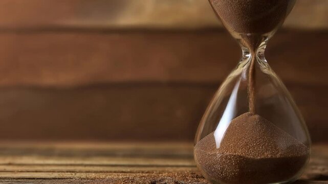 Vintage Brown Wooden Hourglass Sand Time Countdown Object, Glass Antique Measurement, Rustic Deadline Patience Concept, Pressure Reminder with Flowing Sand Grain Closeup Background