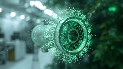 Abstract glowing fiber optic pattern with blue and purple light bursts in a futuristic space background.