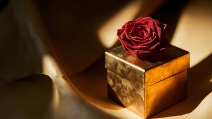 A beautiful crimson rose sits atop a gleaming gold gift box, bathed in intimate, warm light.
