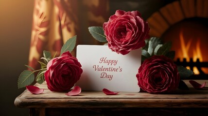 A happy valentine's day card surrounded by beautiful red roses next to a cozy fireplace.