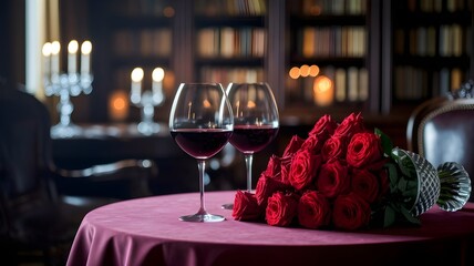 A romantic evening setting with wine glasses and a beautiful bouquet of red roses