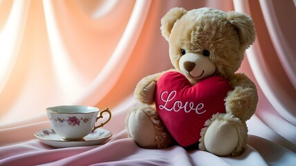 A romantic teddy bear holding a red heart pillow with a vintage teacup