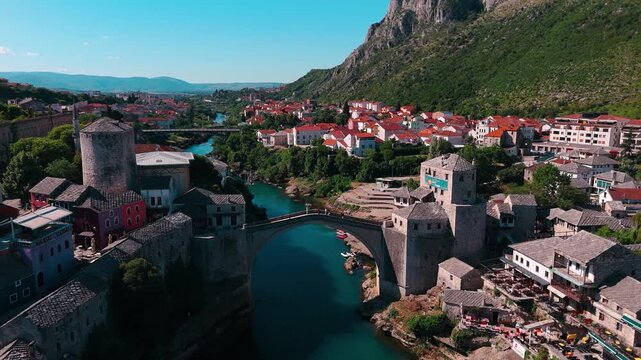 Mostar Medieval Town and Old Bridge aerial view in Bosnia and Herzegovina