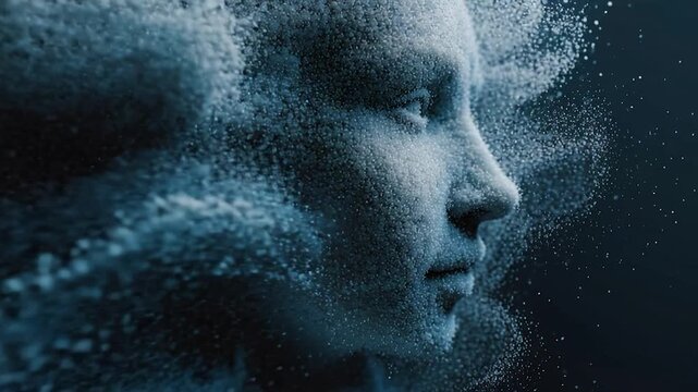 Abstract face particle dust surreal fantasy profile blue dark art texture portrait formed from floating cloud particle powder dispersion, dreamy motion grain shapes shaping fragile woman profile