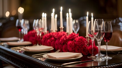 Elegant dining table set with red roses and lit candles for a romantic evening