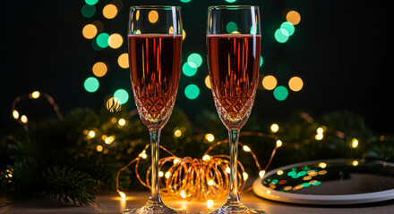 Two crystal glasses with pink liquid, against a blurred festive background, representing celebration, party, and joyful occasion for special events