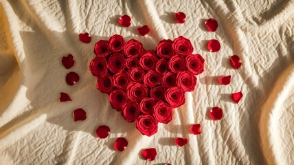 Romantic heart made of red roses and scattered petals on a light fabric surface